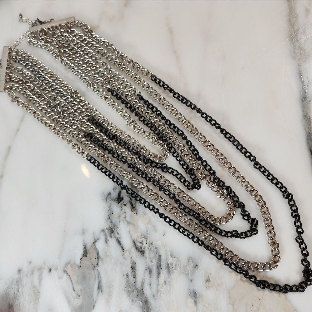 Multistrand Costume Silver & Black Chain Necklace